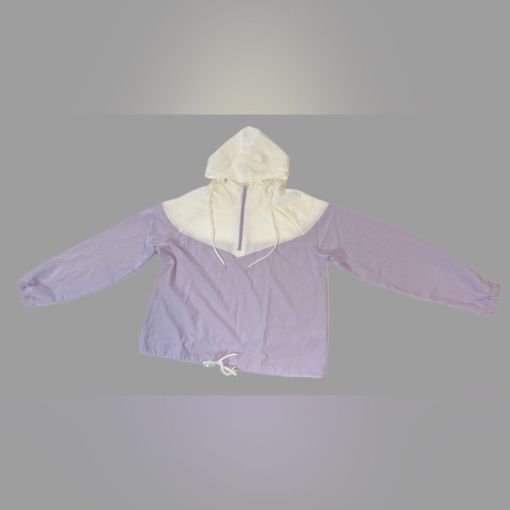 NWOT White and Lavender Hooded Lightweight Windbreaker 3/4 Zip Drawstring Waist